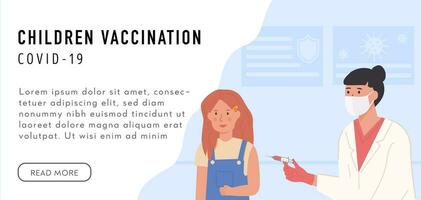 école vaccination concept. bannière avec légende les enfants vaccination. une écolière avoir une tirer. une infirmière ou médecin portant visage masque et en portant seringue avec vaccin coup. vecteur illustration.