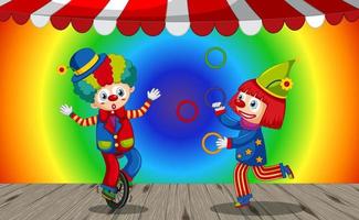 personnage de dessin animé drôle de clowns sur fond dégradé arc-en-ciel vecteur