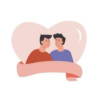 valentines journée carré salutation carte modèle pour social médias. gay couple. portrait de mignonne Jeune couple. homosexuel romantique les partenaires. vecteur plat style illustration.