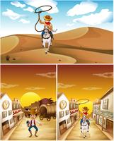 Cowboys dans trois scènes différentes vecteur