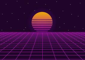 futuriste rétro paysage de le années 80. Contexte. néon géométrique synthwave grille, lumière espace avec réglage Soleil abstrait cyberpunk conception violet Années 80 disco fantastique. vecteur illustration.