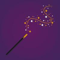 la magie baguette magique bâton avec étoiles sur violet Contexte. sorcier équipement, sorcier accessoire. enchantement, sort, sorcellerie attribut. vecteur illustration.