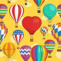 aérostat ballon transport avec panier et des nuages en volant dans soir ciel sans couture modèle dessin animé montgolfière différent formes montgolfière aventure vol, gonflé en voyageant en volant, Contexte vecteur