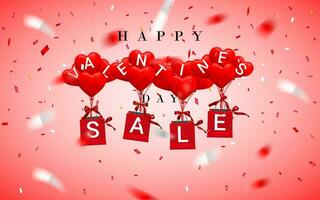 vente, content valentines journée arrière-plan, rouge ballon dans forme de cœur avec arc et ruban et papier achats sac. vecteur illustration