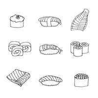 vecteur ensemble de poisson des produits dans dessin animé style sur une blanc Contexte. contour dessin de poisson et pièces de poisson.