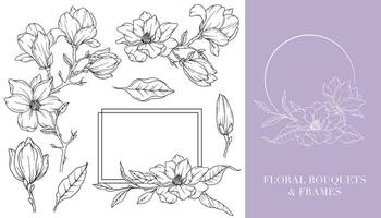 magnolia ligne dessin. floral cadres et bouquets. floral ligne art. bien ligne magnolia cadres main tiré illustration. main tiré contour magnolias. botanique coloration page. magnolia isolé vecteur