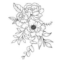 pivoine ligne dessin. noir et blanc floral bouquets. fleur coloration page. floral ligne art. bien ligne pivoine illustration. main tiré fleurs. botanique coloration. mariage invitation fleurs vecteur