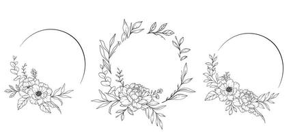 pivoine ligne dessin. noir et blanc floral cadres. floral ligne art. vecteur