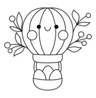 vecteur noir et blanc kawaii en volant chaud air ballon icône pour enfants. mignonne Pâques symbole illustration avec panier, fleurs et des œufs. marrant dessin animé personnage ou coloration page. adorable printemps clipart