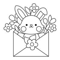 vecteur noir et blanc Pâques lapin icône pour enfants. mignonne kawaii ligne lapin illustration ou coloration page. marrant dessin animé lièvre personnage. traditionnel printemps vacances symbole dans enveloppe avec premier fleurs