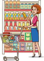 dessin animé illustration de une Jeune femme achats dans une épicerie magasin. vecteur