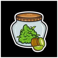 kiwi fruit saveur avec dessin animé mascotte de cannabis bourgeon sur pot. pour autocollant et étiqueter. vecteur
