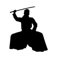 silhouette de une épée guerrier dans action pose. silhouette de une martial art la personne porter épée arme. silhouette de kendo martial art pose. vecteur