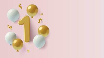 3d nombre 1 avec des ballons et confettis sur rose Contexte avec copie espace premier bébé les filles anniversaire vecteur