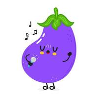 aubergine chante dans une microphone personnage. vecteur main tiré dessin animé kawaii personnage illustration icône. isolé sur blanc Contexte. aubergine personnage concept