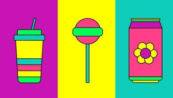 rétro nourriture ensemble. un soda, boisson avec une paille, sucette dans branché années 90. coloré autocollant ou icône. plat vecteur illustration.