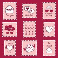 timbres et cartes postales pour les amoureux pour des lettres, salutations et cadeaux. rose mignonne timbres avec cœurs, des lettres et le mot l'amour pour des couples vecteur