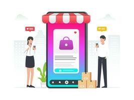 en ligne achats en utilisant social Commerce illustration. homme et femme en utilisant téléphone intelligent à acheter produit sur social Commerce. vecteur