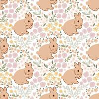 doux beige Pâques lapin floral sans couture modèle. mignonne damassé imprimer. bébé lapin asseoir dans minuscule fleurs printemps champ. pastel ferme animal répéter Contexte. sucré main tiré tissu, chalet coeur textile vecteur