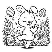 dansant Pâques lapin avec décoratif œufs, fleur, étoile noir et blanc ligne dessin. Pâques dimanche spécial vecteur