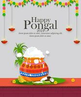 content pongal vacances Festival de Inde salutation carte conception avec pongal pot. vecteur illustration