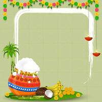 content pongal Contexte avec noix de coco, banane, canne à sucre, pongal pot et fleurs. vecteur illustration.