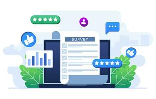 en ligne enquête concept plat illustration vecteur modèle, remplissage tester dans client enquête former, client expériences et la satisfaction concept pour atterrissage page, la toile bannière, mobile application, la toile conception, ui ux