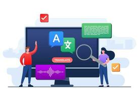 Traduction concept plat illustration vecteur modèle, traduire langues, en ligne traducteur mobile application sur tablette, gens Traduction en cours langues