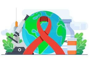 Sein cancer ou HIV sida conscience concept plat illustration vecteur modèle, médical équipement à recherche pour maladies et découverte médicaments, rouge ruban à élever conscience de le sida épidémie