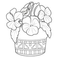 violettes dans une pot contour Icônes. noir et blanc coloration page vecteur