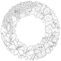 été couronne avec magnifique fleurs et des fraises. main tiré ouvrages d'art. noir et blanc vecteur