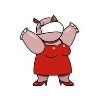 une mignonne hippopotame portant sanitaire masque prévenir corona virus, grippe, poussière dessin animé personnage avec noir contour plat vecteur illustration isolé sur blanc Contexte.