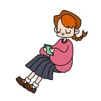 une mignonne natte écolière en utilisant téléphone intelligent avec noir contour plat dessin animé vecteur illustration isolé sur blanc Contexte. une rose chandail étudiant fille en jouant jeu, regarder vidéo ou social médias.