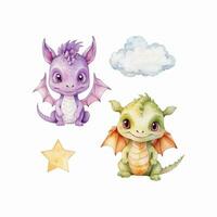 aquarelle mignonne bébé dragon ensemble, garderie vecteur