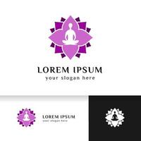 stock de conception de logo de yoga. méditation humaine en illustration vectorielle de fleur de lotus en couleur violette vecteur