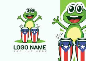 vert grenouille en jouant tambour et célébrer. dessin animé vecteur logo illustration.