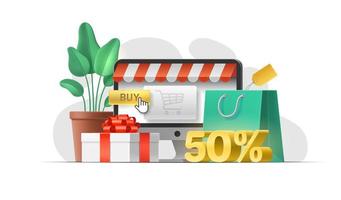 achats en ligne sur le site Web, concept vectoriel d'application mobile. offre spéciale cinquante pour cent de réduction. ensemble d'objets 3d sur fond isolé pour les médias sociaux, la publicité, la promotion, le prospectus, le magasin discount.