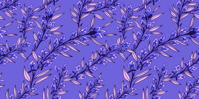 Créatif vibrant branches feuilles avec bourgeons fleurs entrelacés dans une sans couture modèle. vecteur main tiré esquisser. abstrait art floral impression sur une bleu Contexte. conception pour mode, tissu, fond d'écran.