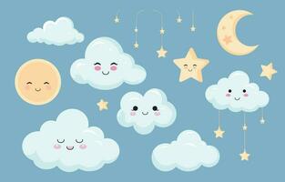 bébé douche objet pour garçon avec ballon, nuage, ciel, étoile bleue vecteur