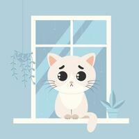 une triste chat est assis sur le rebord de fenêtre parmi fleur marmites, ses il pleut à l'extérieur le la fenêtre. tristesse et la dépression concept. vecteur