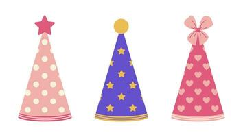 fête chapeau vecteur icône collection. coloré casquettes pour anniversaire, festival, carnaval, vacances. cônes avec étoiles, cœurs, polka points. papier coiffure pour enfants. plat dessin animé clipart isolé sur blanc