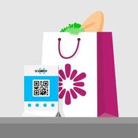 achat payé par qr code. illustration vectorielle de paquet avec des produits en magasin. infographie isométrique à plat. scanner le code qr et paiement en ligne, transfert d'argent. vecteur