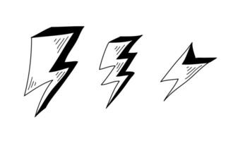 ensemble d'éclairs électriques dessinés à la main. doodle coup de tonnerre et orage. isolé sur fond blanc. illustration vectorielle vecteur
