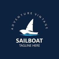 voilier ancien logo minimaliste avec vague, Voyage yacht ou voile bateau vecteur conception