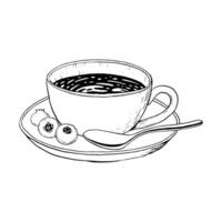 café agresser avec cappuccino, cuillère et myrtilles vecteur noir et blanc illustration pour menus, invitations et logos