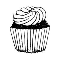 vecteur anniversaire petit gâteau avec fouetté crème noir et blanc illustration esquisser pour vacances salutation carte, affiche ou invitation