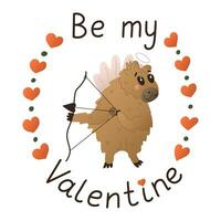 comique plat main tiré capybara avec l'amour caractères. st valentines journée typographique concept. mignonne plat animal personnage avec ailes et arc. isolé autocollant sur blanc Contexte vecteur