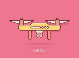 icône de drone quadrocopter dans le style comique. illustration de dessin animé de vecteur de caméra quadcopter sur fond blanc isolé. effet d'éclaboussure du concept d'entreprise de vol en hélicoptère.