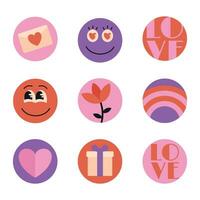 ensemble de Valentin journée Icônes, rond plat autocollants avec romantique symboles, fleur et personnages. vecteur illustration.