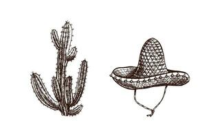 dessiné à la main sombrero et cactus croquis. ancien dessin de chapeau. vecteur noir encre contour illustration. mexicain culture, vêtements, Latin Amérique.